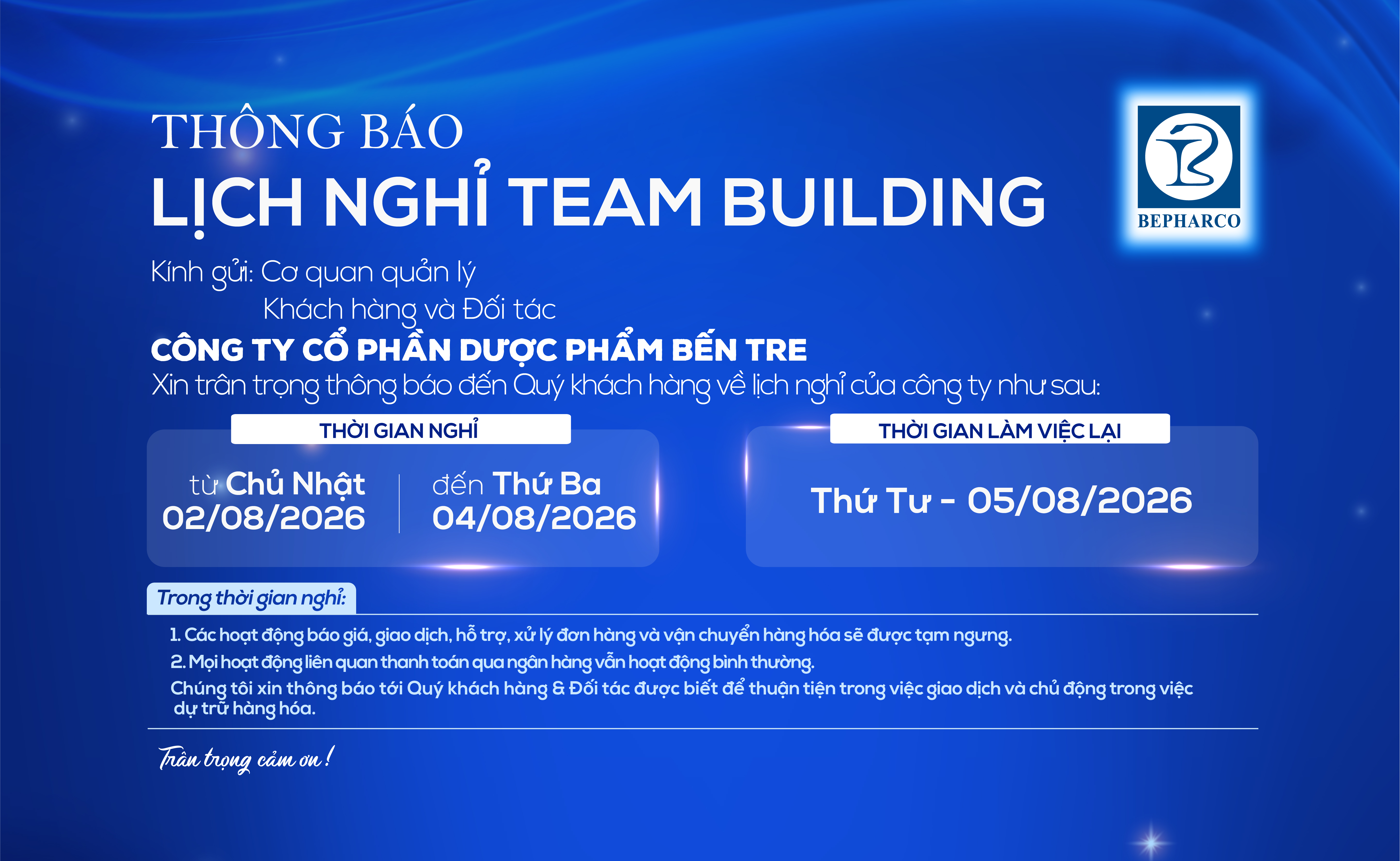 THÔNG BÁO LỊCH NGHỈ TEAM BUILDING 2026
