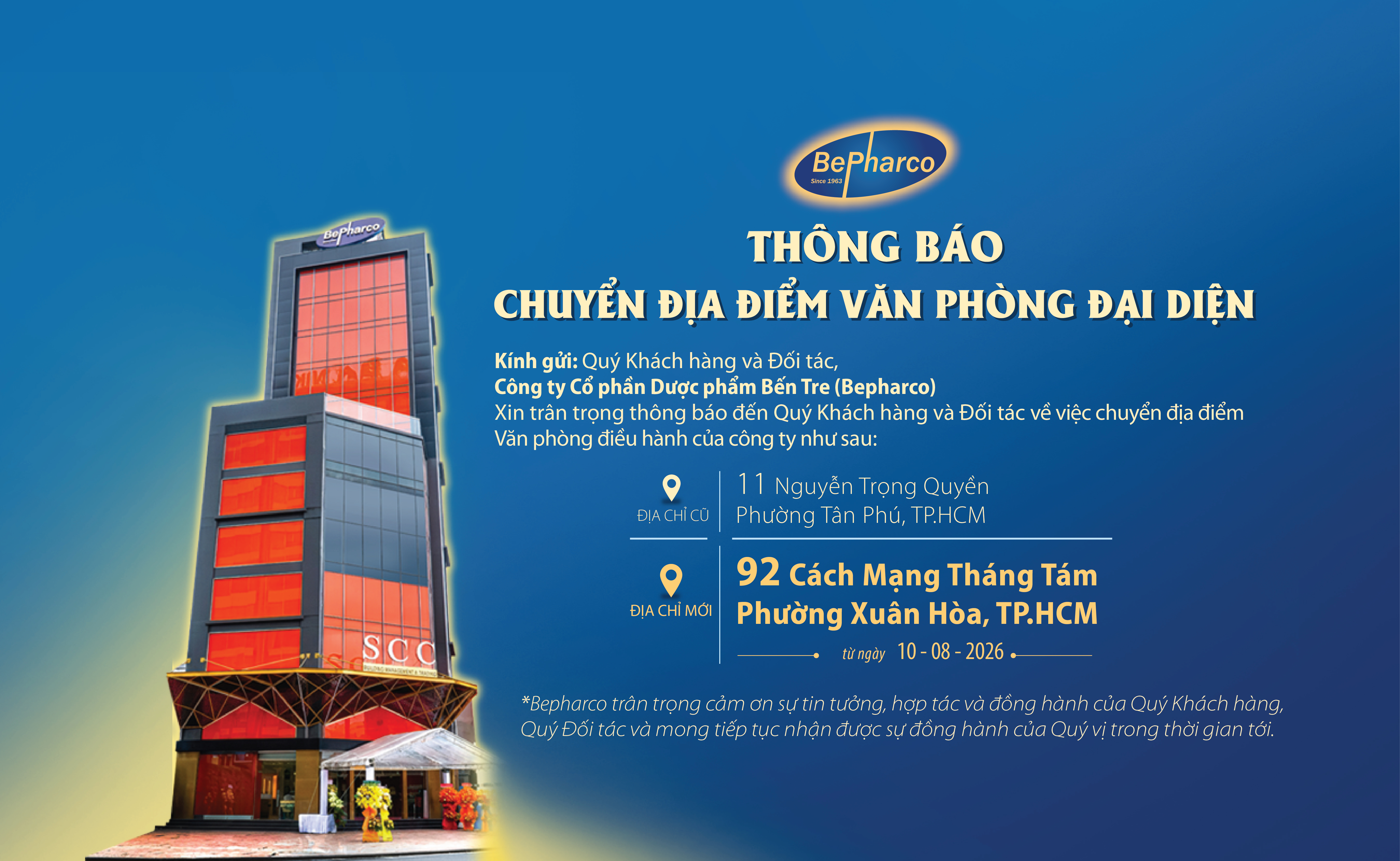 THÔNG BÁO THAY ĐỔI ĐỊA ĐIỂM VĂN PHÒNG ĐẠI DIỆN BEPHARCO